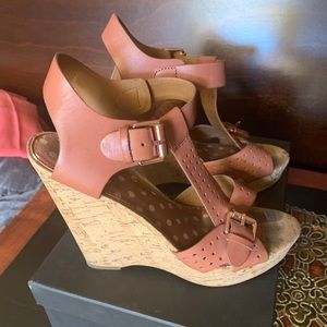 Sam Edelman cork wedges with rose gold buckles